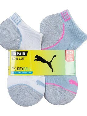 Puma Kid's Low Cut Socks 10 Pair DryCELL Moisture Wicking, Size 3.5–9, Multi NEW
